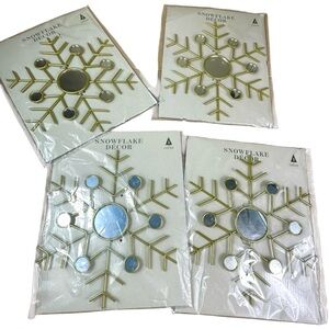 Set of 4 Golden Metal Snowflake Mirror Holiday Decorations NWT